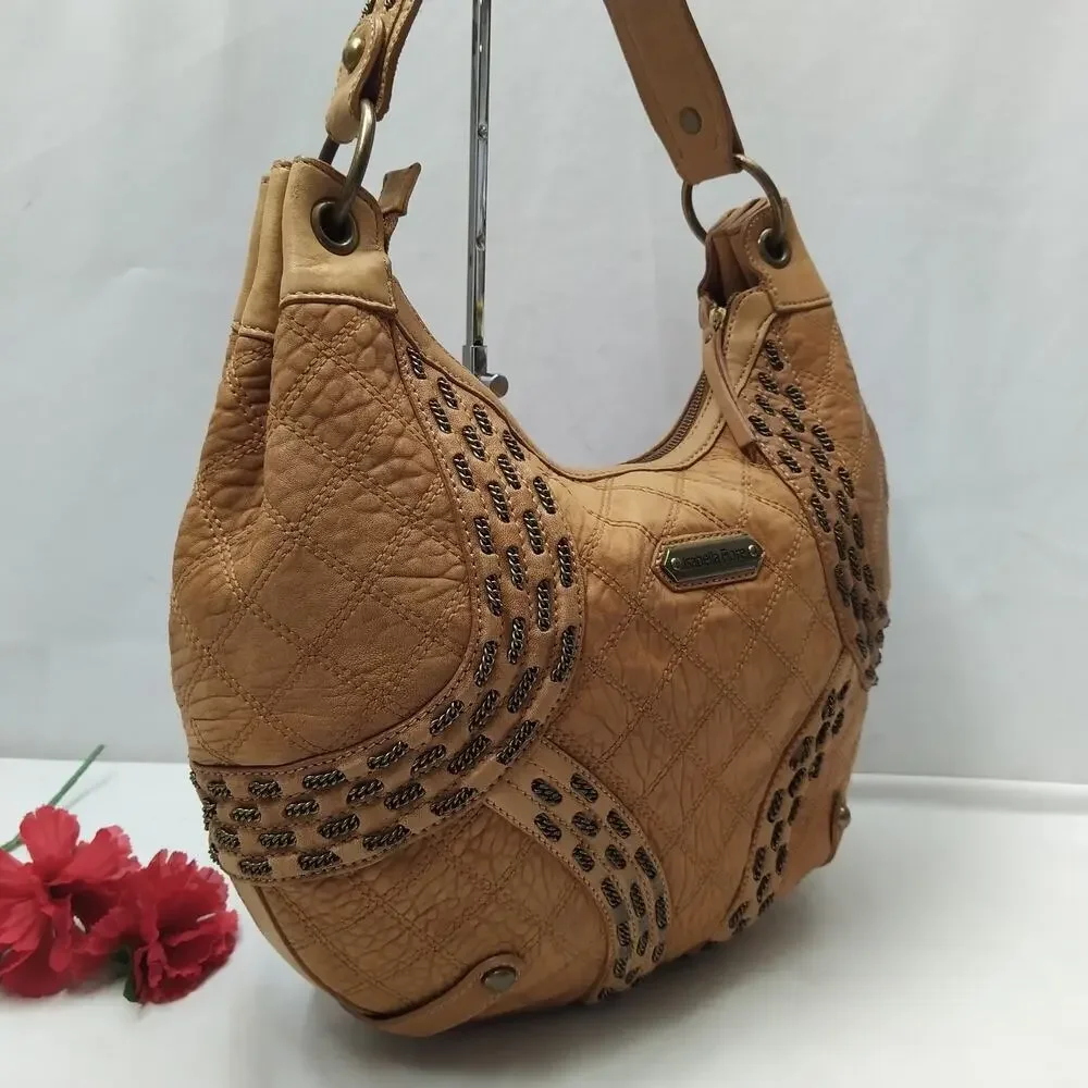 Isabella Fiore Tan Brown Learher Stitching Zipper Closure Hobo Shoulder Bag